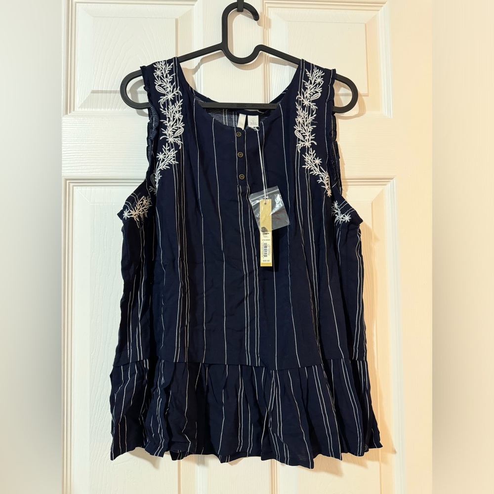 LC Lauren Conrad Navy Blue Striped Embroidered Sleeveless Top